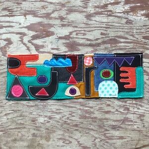 Mixed Fabric Collage Wall Art Abstract Geometric OOAK 14" x 4.5"